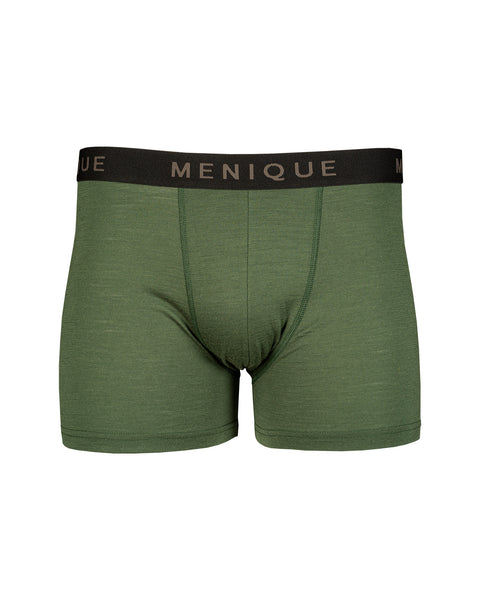 meniques herre korte boxershorts med logo i linningen, farve mørkegrøn, hvid baggrund.