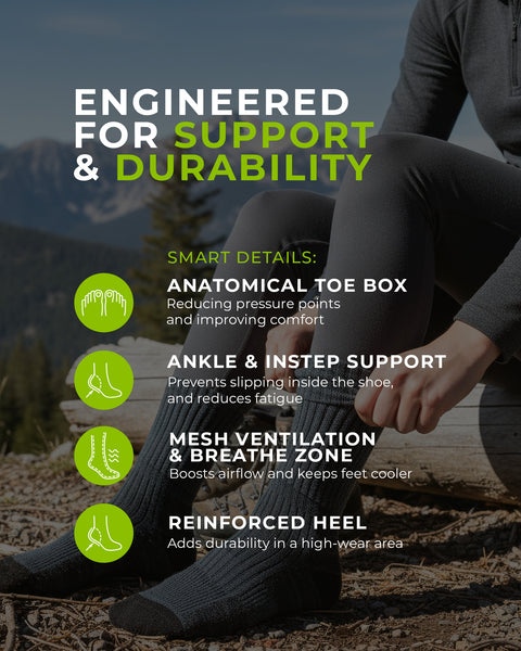 Person iført sokker med bjergbaggrund og tekst om sokkernes egenskaber.