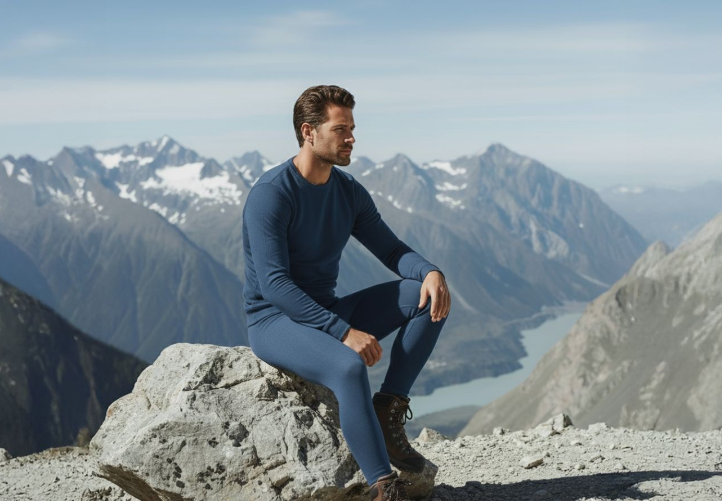 Man wearing blue merino wool base layer sitting on mountain rock with scenic alpine view