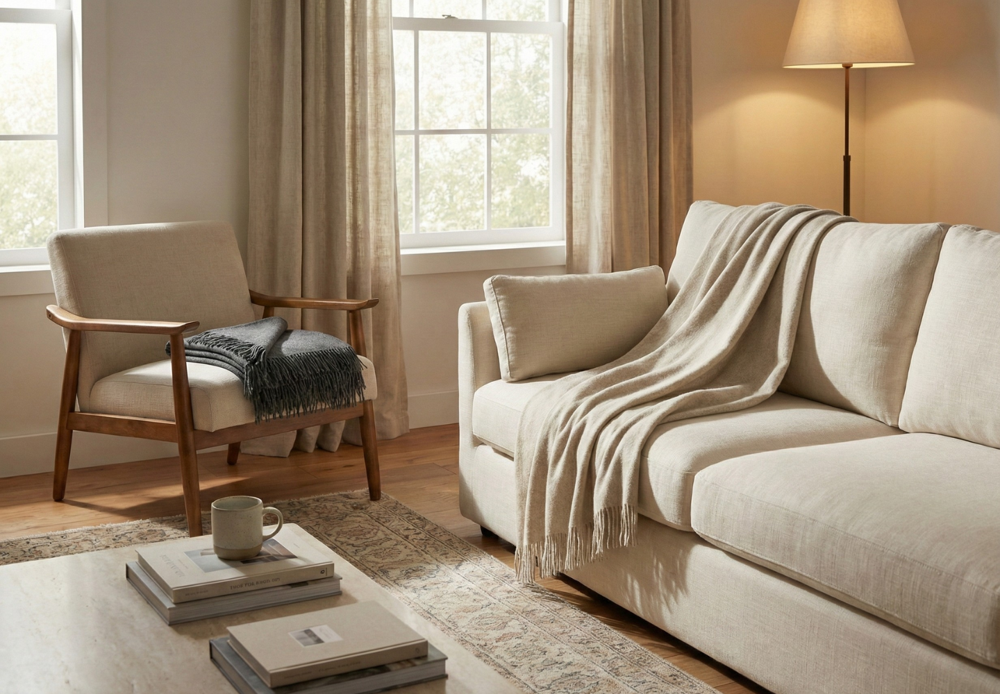 Lyst, hyggeligt stue med en sofa og lænestol i neutrale farver, bløde uldplaid, møbler i træ, en gulvlampe og naturligt lys, der strømmer ind gennem store vinduer, for en rolig, enkel hjemmestemning.