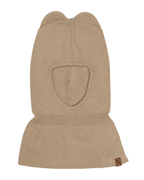 menique beige bomuldsstrikket balaclava til børn på hvid baggrund.