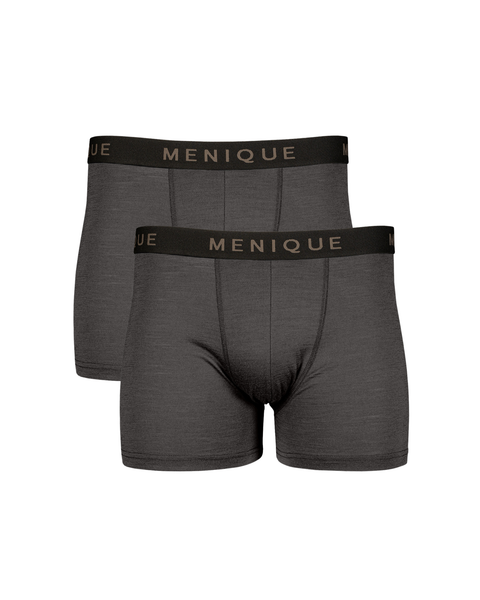 A flat-lay product shot of two identical pairs of men's short boxer briefs in a charcoal grey color. They are arranged in a staggered vertical stack. Each pair features a contrasting black elastic waistband with "MENIQUE" woven in light brown text. The background is pure white.