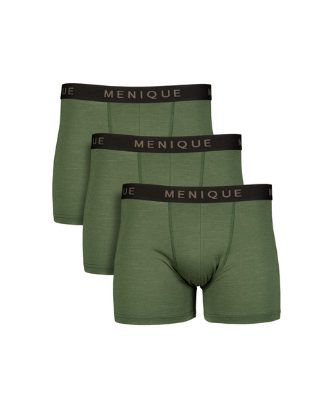 Herre merinould boxershorts 3-pak i mørkegrøn – hverdagens herreundertøj med åndbar komfort og fleksibel støtte.