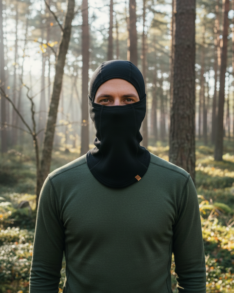 Mand i grøn merinouldsundertrøje iført en sort balaclava, stående i en solbeskinnet skov.