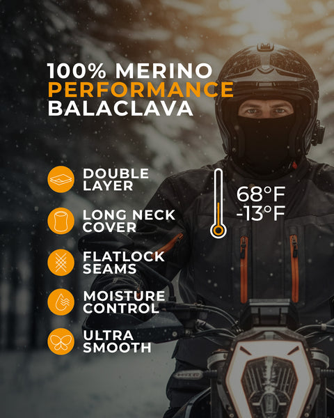 100% merino wool performance balaclava with double layer protection, long neck cover and moisture control for extreme cold weather riding