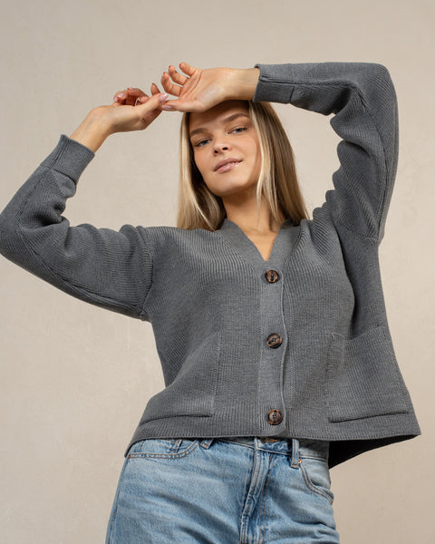 Damecardigan i merinould Hazel Mørkegrå