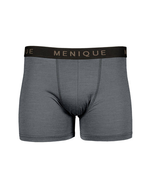 the menique men's short boxer underwear with logo waistband, color dark grey, white background.
