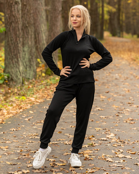 Dame sports-joggingtrøje med lynlås i halsen i merinould 250 g/m² sort