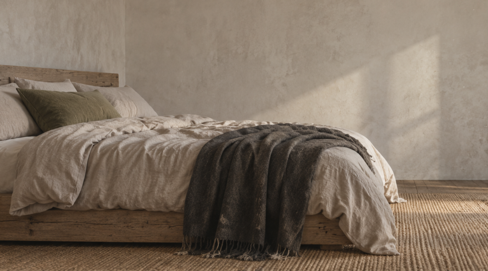 A bed dressed in rumpled, natural beige linen sheets with a dark grey fringed throw blanket draped across the foot, set against a textured neutral wall.