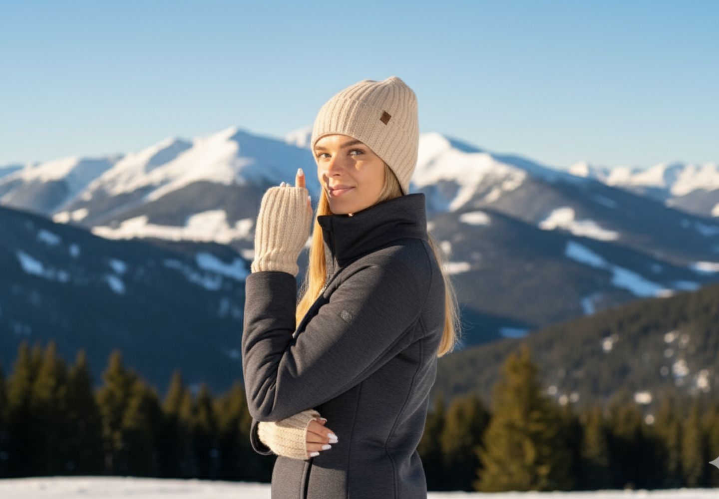 Woman in winter clothing with mountains in the background