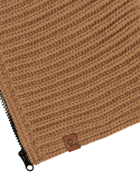 Herre hættebalaclava med lynlås, strikket i merinould i karamelbrun