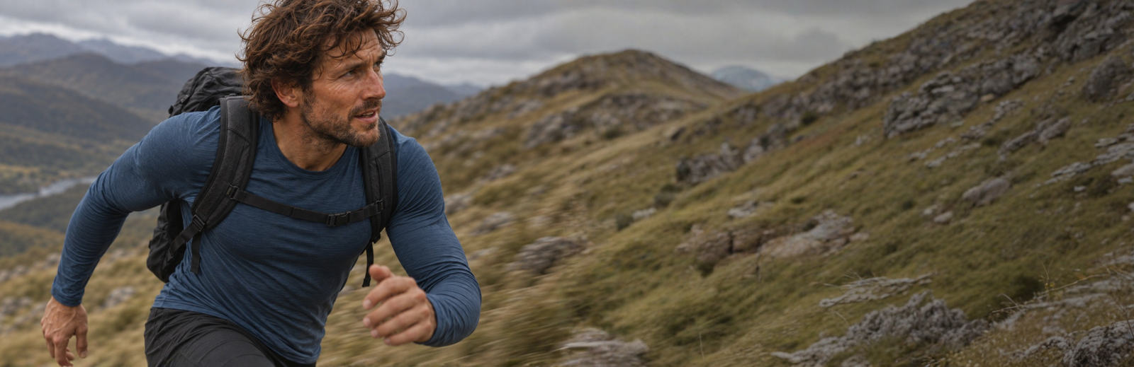 A man in a blue long-sleeved shirt and a black backpack climbs a grassy, rocky hillside with a determined expression. The background features a dramatic, cloudy sky over distant hills and a body of water.