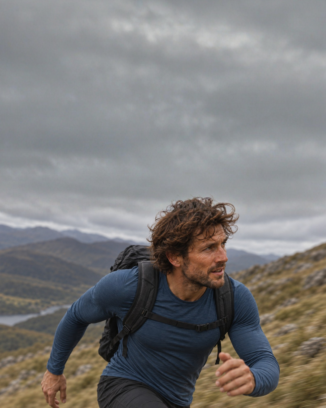 A man in a blue long-sleeved shirt and a black backpack climbs a grassy, rocky hillside with a determined expression. The background features a dramatic, cloudy sky over distant hills and a body of water.
