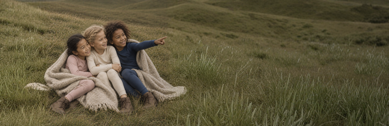 Three children sit close together in a grassy field, sharing a beige blanket on a cloudy day. The child on the right points toward the distance while the other two smile and look in the same direction.
