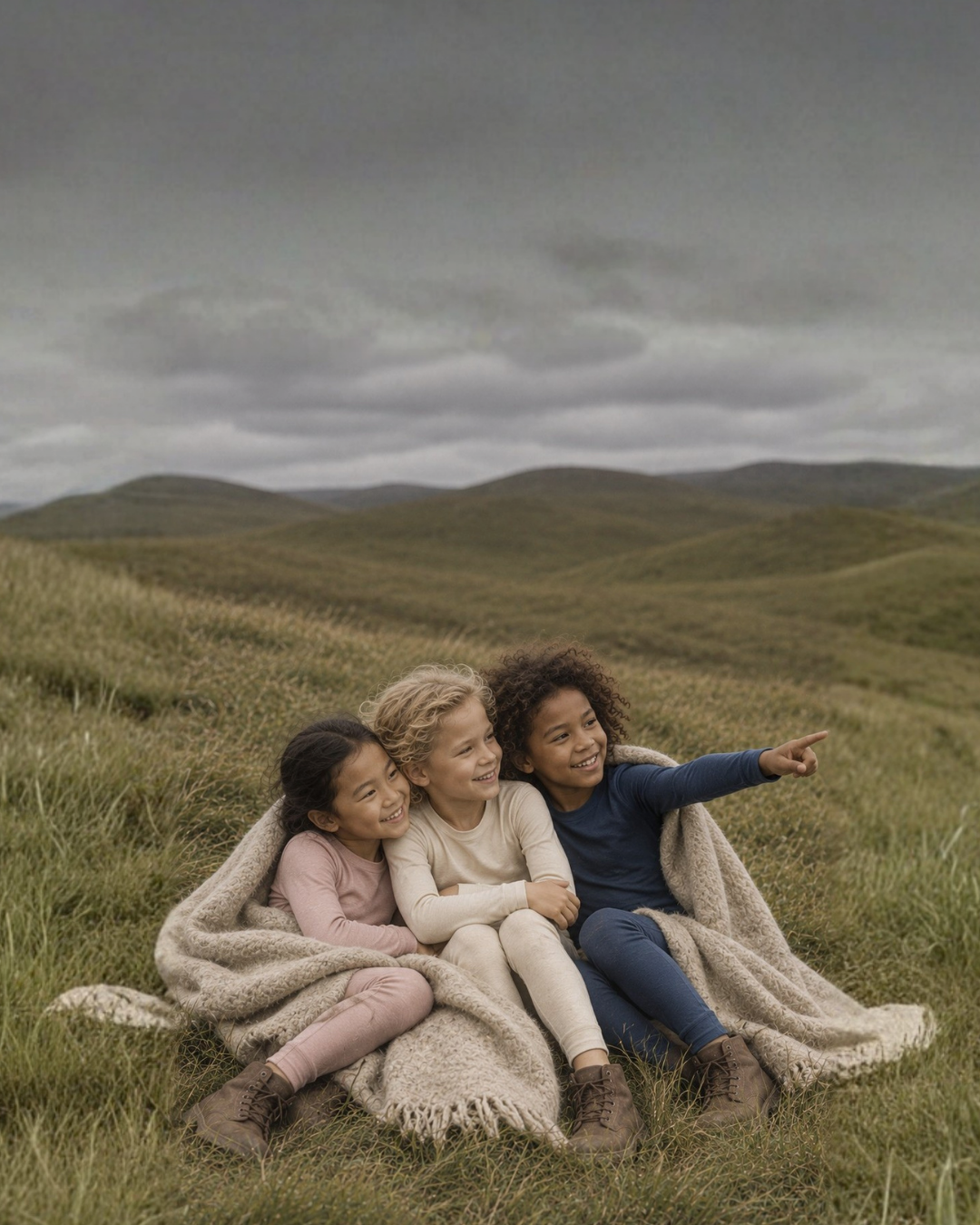 Three children sit close together in a grassy field, sharing a beige blanket on a cloudy day. The child on the right points toward the distance while the other two smile and look in the same direction