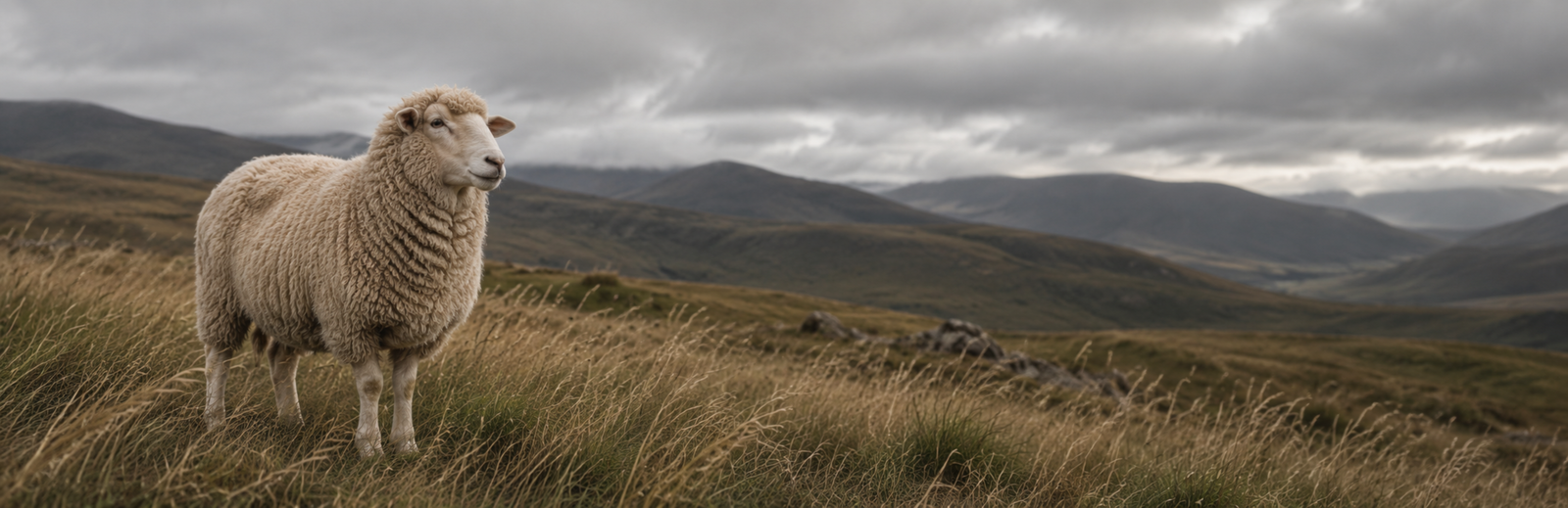 A fluffy, light-colored sheep stands in a field of dry, tall grass. Rolling hills and a bright, cloudy sky fill the background of the landscape.