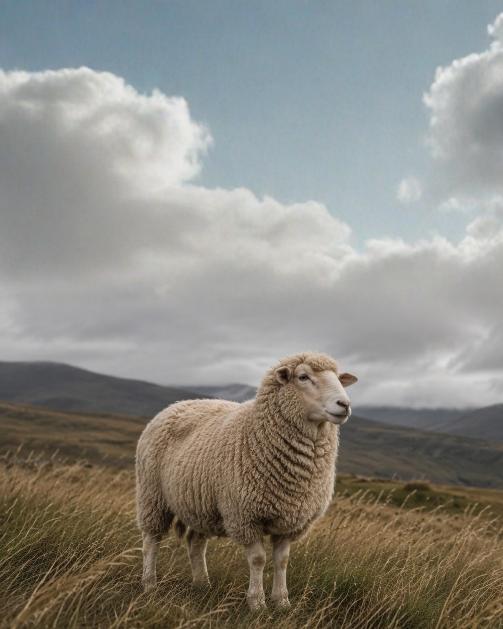 A fluffy, light-colored sheep stands in a field of dry, tall grass. Rolling hills and a bright, cloudy sky fill the background of the landscape.