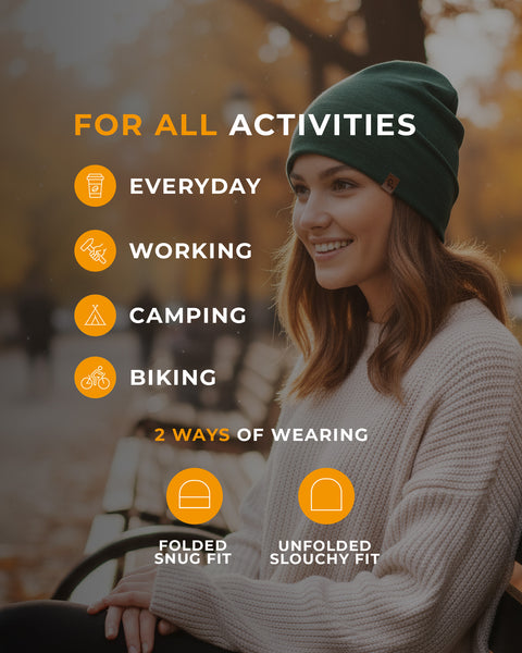 Woman sitting on a bench in a park with text about clothing for various activities.