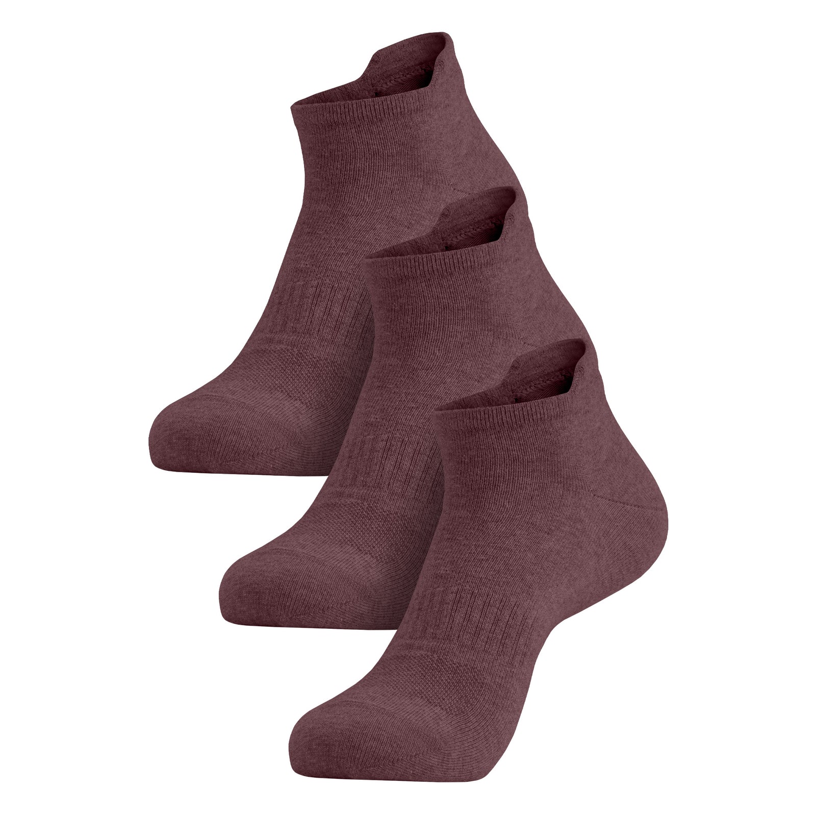 A three-pack of gray adult ankle socks arranged in a diagonal row against a white background.