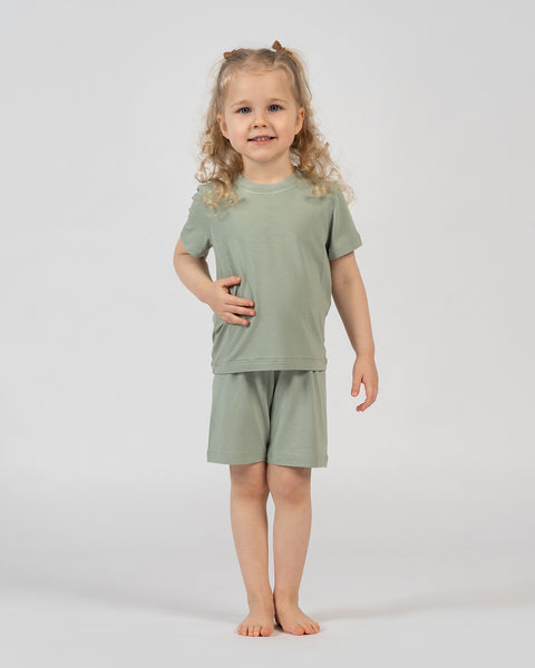 Kids bamboo t-shirt and shorts set in sage green, soft and breathable outfit for active days.