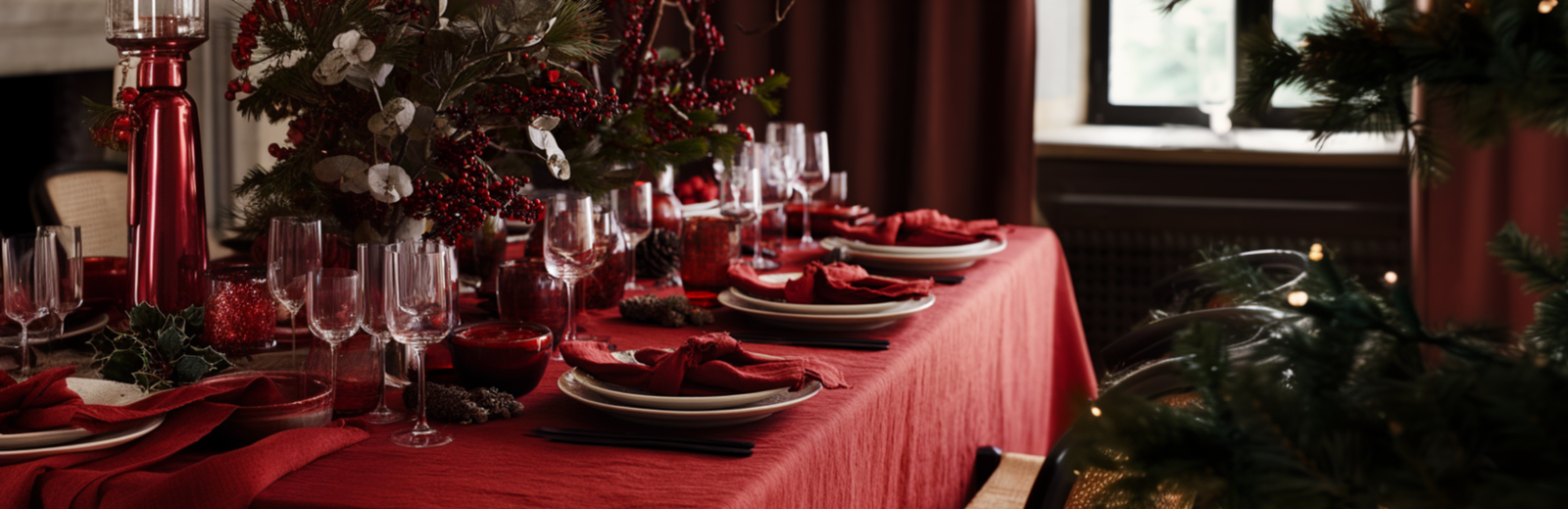 Decorated Christmas table with red tablecloth, plates, and glasses.