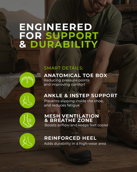 Person, der sidder udendørs med vandrestøvler, omgivet af tekst, der fremhæver skoens egenskaber.