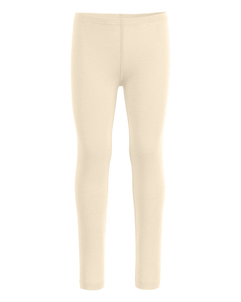 the menique 160gsm kids' merino pants in natural color, front view.