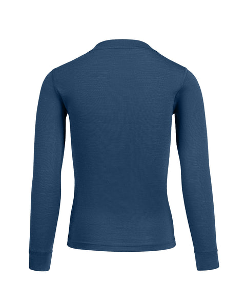 menique merino denim langærmet bluse til børn, set bagfra.