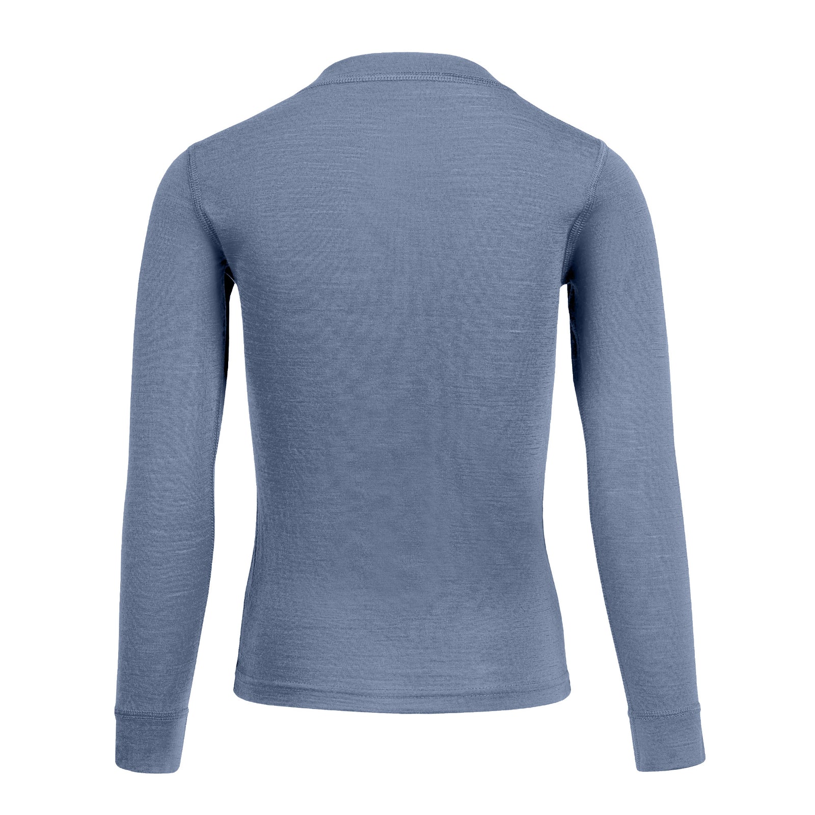 A front-view product shot of a children's long-sleeved fitted top in a heathered dusty blue color, displayed flat against a pure white background. The shirt features a simple crew neckline and cuffed sleeves.