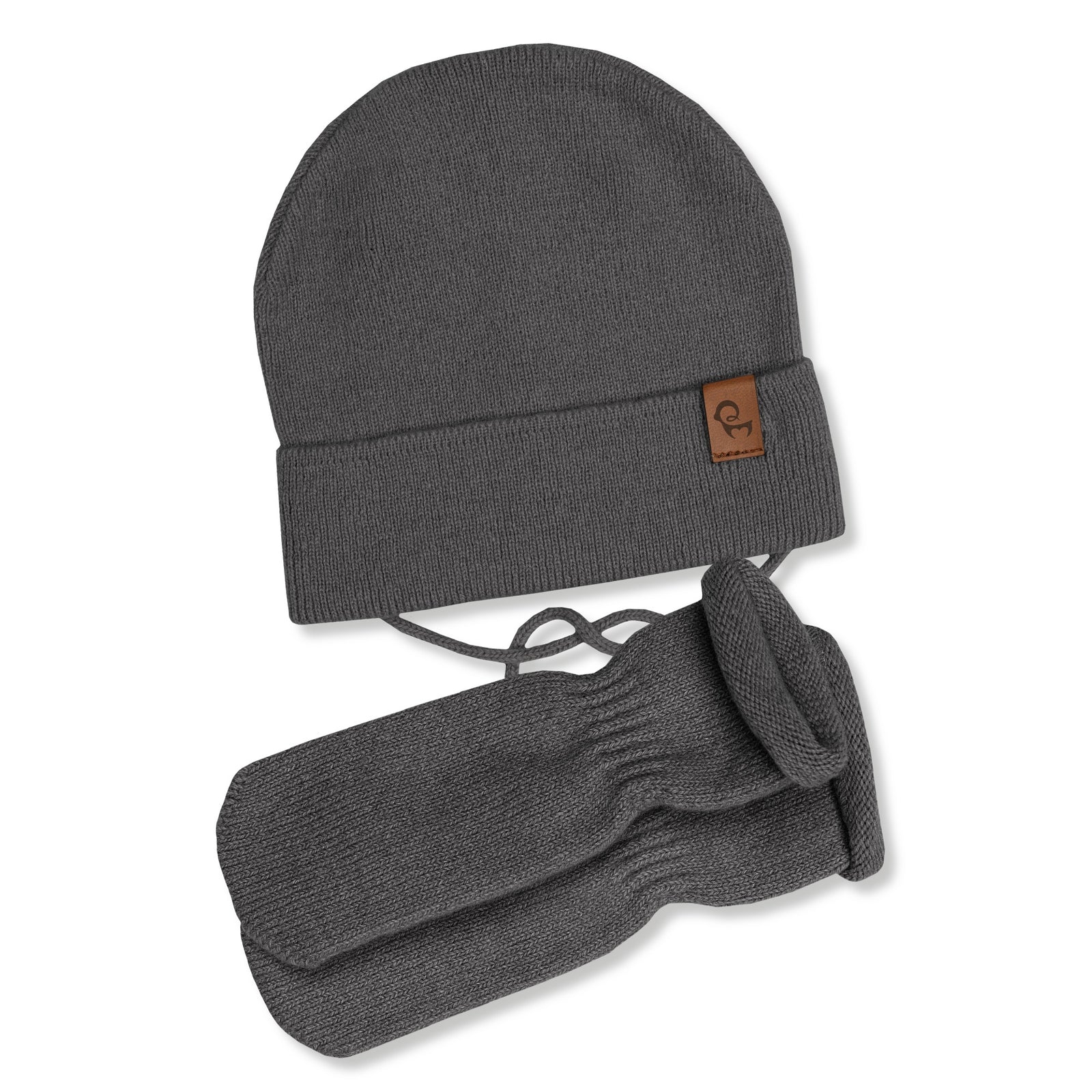 Babystrikket hue med snore og vanter 2-dele sæt Cremet beige
