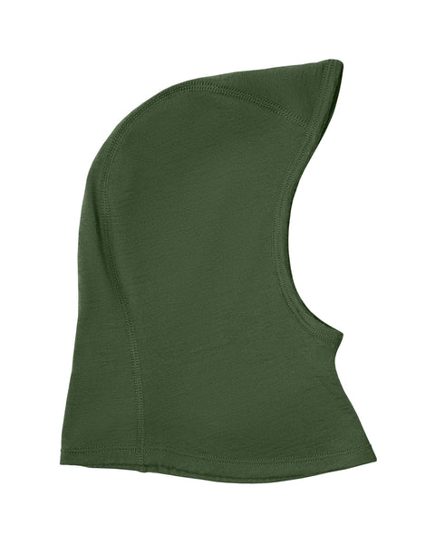 børnenes menique 160 g/m² balaclava i mørkegrøn farve, hvid baggrund.