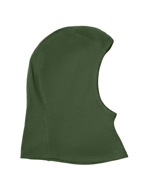 Side-profile product display of an olive green knit balaclava hood against a white background.