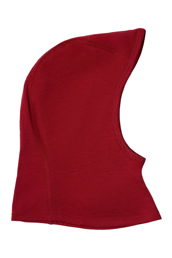 menique børns merino balaclava 160gsm i kongelig kirsebærrød farve, hvid baggrund.