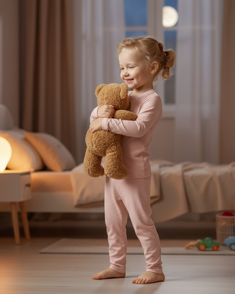 Et lille barn i lyserøde pyjamas smiler, mens det krammer en brun bamse i et blødt oplyst soveværelse. En seng med hvidt sengetøj og en natbordslampe skaber en hyggelig aftenstemning.