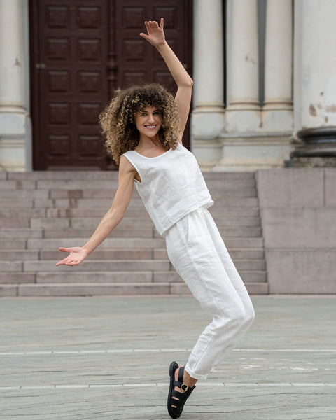 Linned Matchende 2-delt Sæt med Ana Croptop &amp; Dakota Bukser i ren hvid