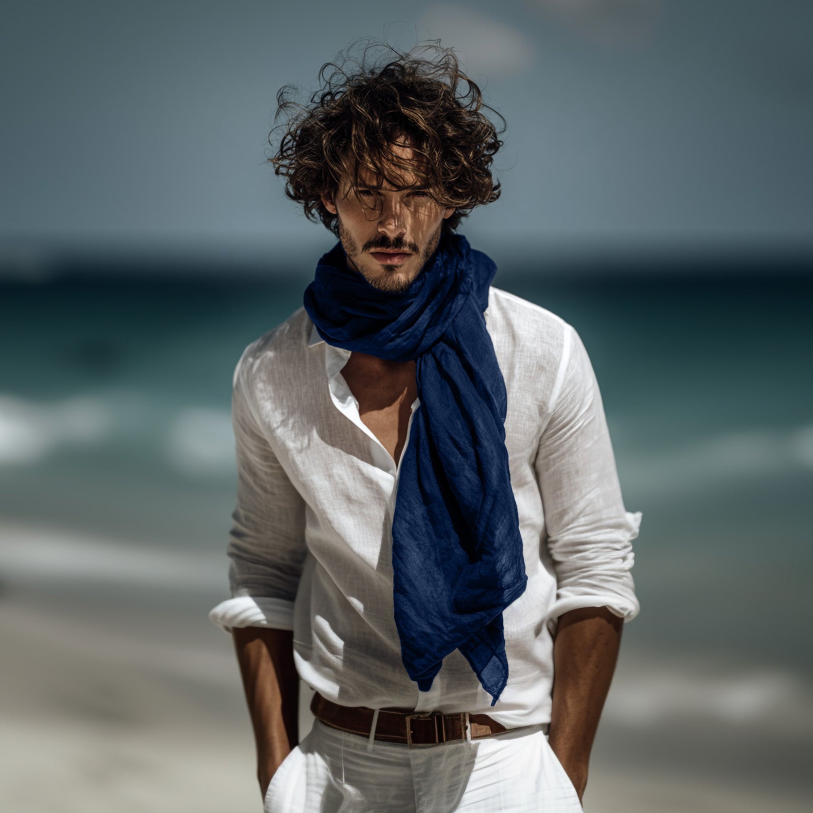 Mand iført en hvid skjorte og orange tørklæde mod en ensfarvet baggrund