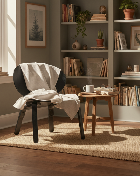 Et læsehjørne med en mørk stol dækket af et hørpledd i naturfarve, placeret ved siden af et lille træbord med en varm drik, omgivet af bogreoler fyldt med planter og bøger i blødt dagslys.