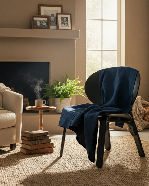 Et moderne opholdsrum med en mørk stol dækket af et dybblåt hørplaid, placeret nær et solbeskinnet vindue med en dampende kop på et lille rundt bord og grønt i baggrunden.