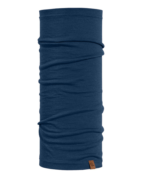 Denimblå halsedisse i merinould vist på hvid baggrund.