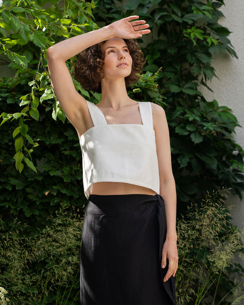 Hørforklæde Crop Top med Knapper Bagpå Ren Hvid