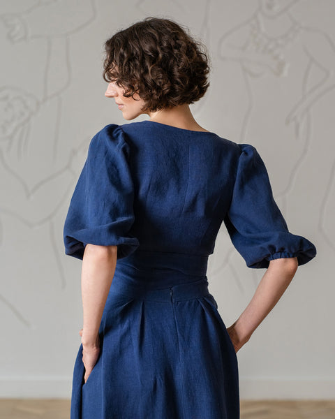 Linned Croptop med Pufærmer og Slå-om, Jenny, Stormblå Farve