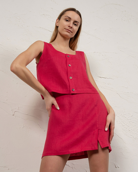 Hørskjorte med knapper og mininederdel, 2 dele i stærk pink