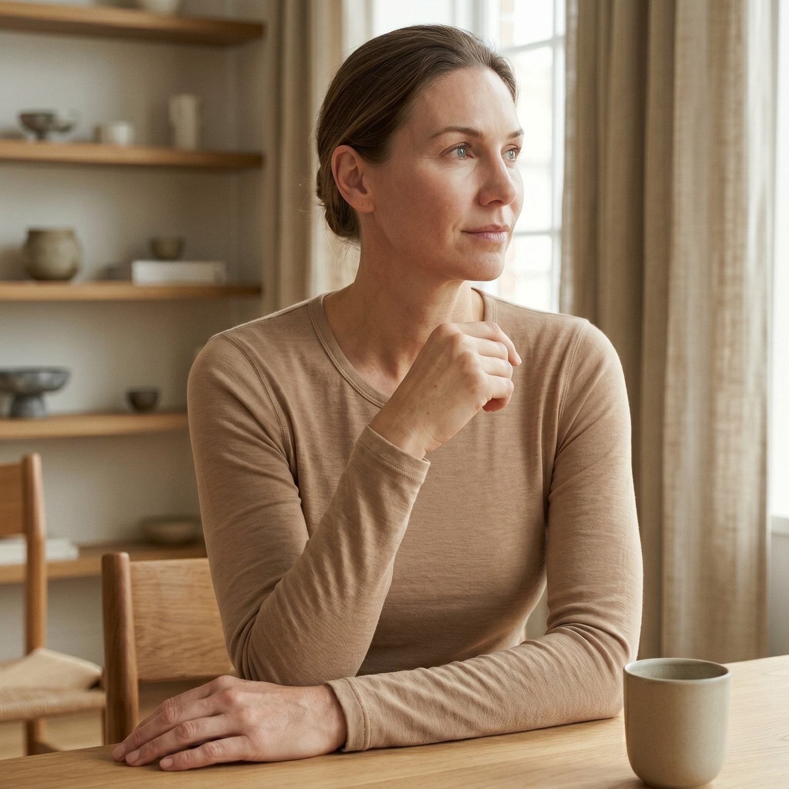Person iført et beige sæt, der sidder med benene krydset på en hvid baggrund