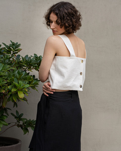 Hørforklæde Crop Top med Knapper Bagpå Ren Hvid