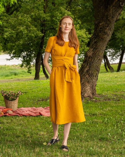 Linned Kortærmet Obi Omslagskjole Milly