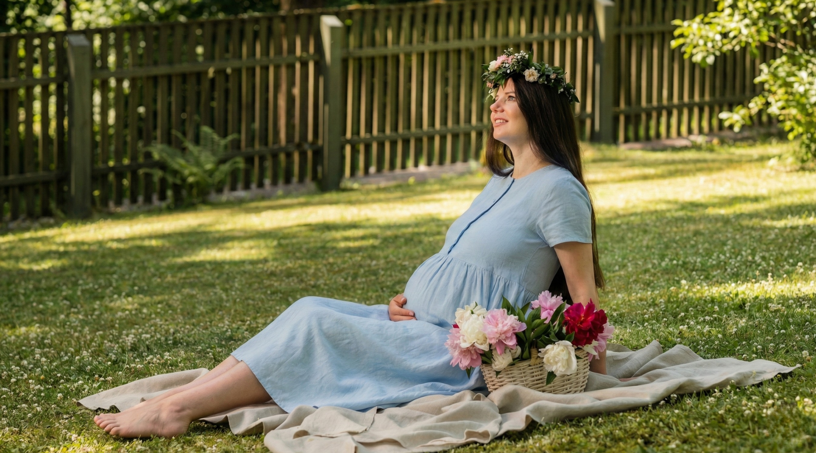 En gravid kvinde sidder på et tæppe i en grøn have iført en lyseblå hørgraviditetskjole og en fin blomsterkrans. Hun hviler blidt sin hånd på sin mave, mens hun kigger opad, med en kurv fyldt med friske blomster ved siden af sig, hvilket skaber en fredfyldt og glædesfyldt sommerscene.