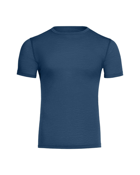 Menique herre T-shirt i 160 Merinould i farven denim, hvid baggrund.
