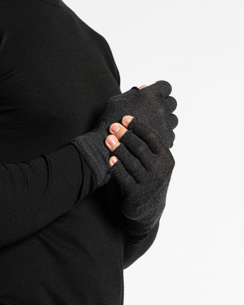 A person wearing a black long-sleeved shirt is shown from the chest up, putting on black fingerless gloves. The background is white.