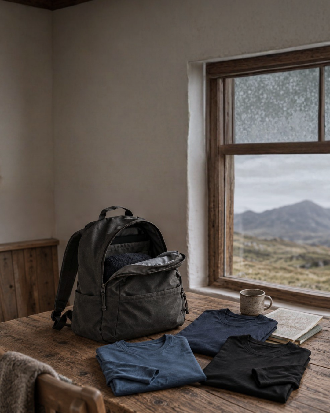 An open canvas backpack rests on a rustic wooden table beside folded blue and black shirts, a ceramic mug, and a map. A nearby window offers a view of a cloudy, mountainous landscape.