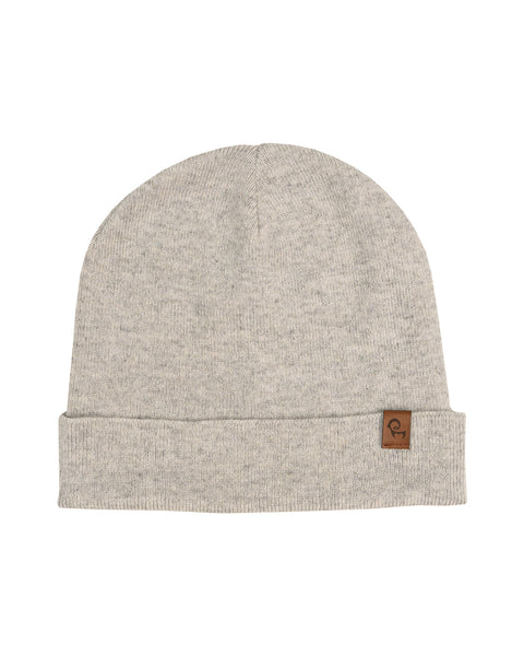 A light grey, heathered knit beanie hat laid flat against a pure white background. The beanie has a wide folded ribbed brim, and a small, square brown leather logo patch is sewn onto the right side of the brim.